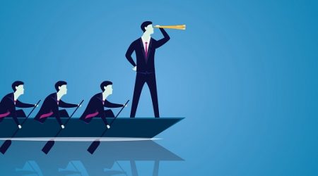 Vector illustration. Business teamwork leadership concept. Businessmen working in team Group of people rowing boat together moving forward. Leader looking for success with telescope visionary motivating his team
